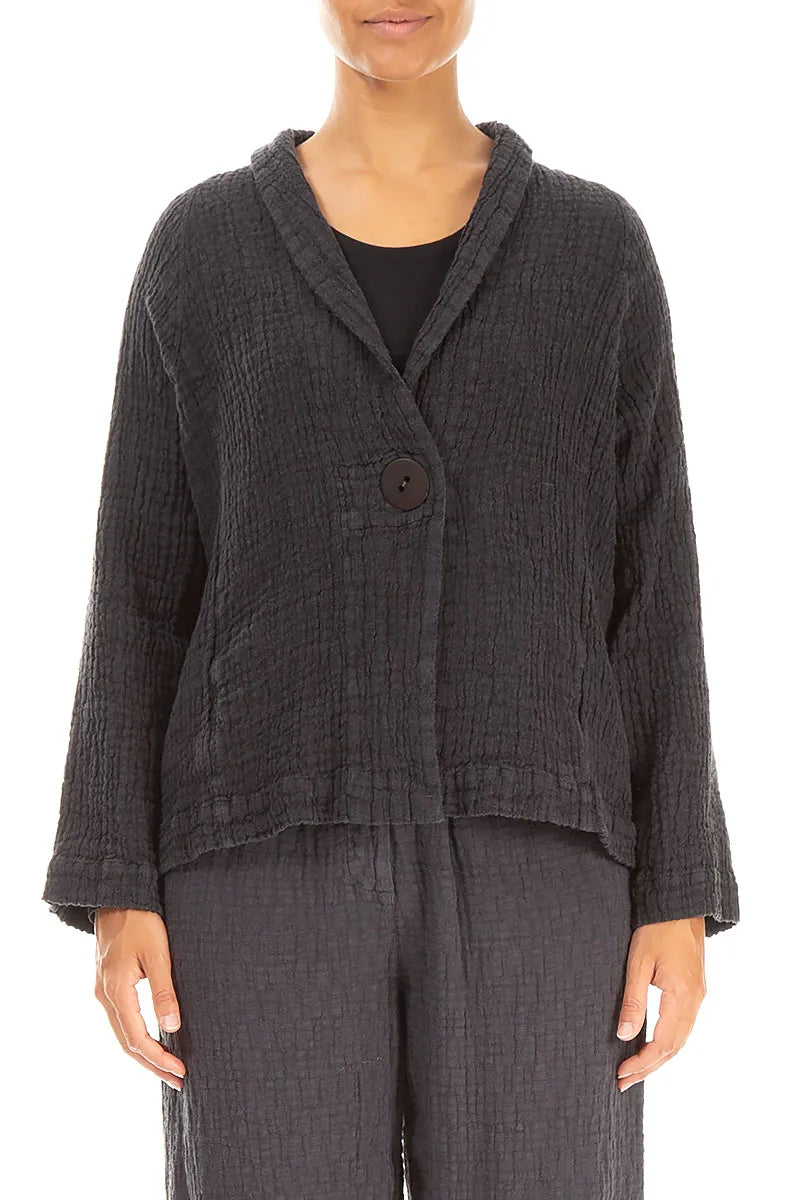 Single Button Graphite Textured Linen Jacket 1