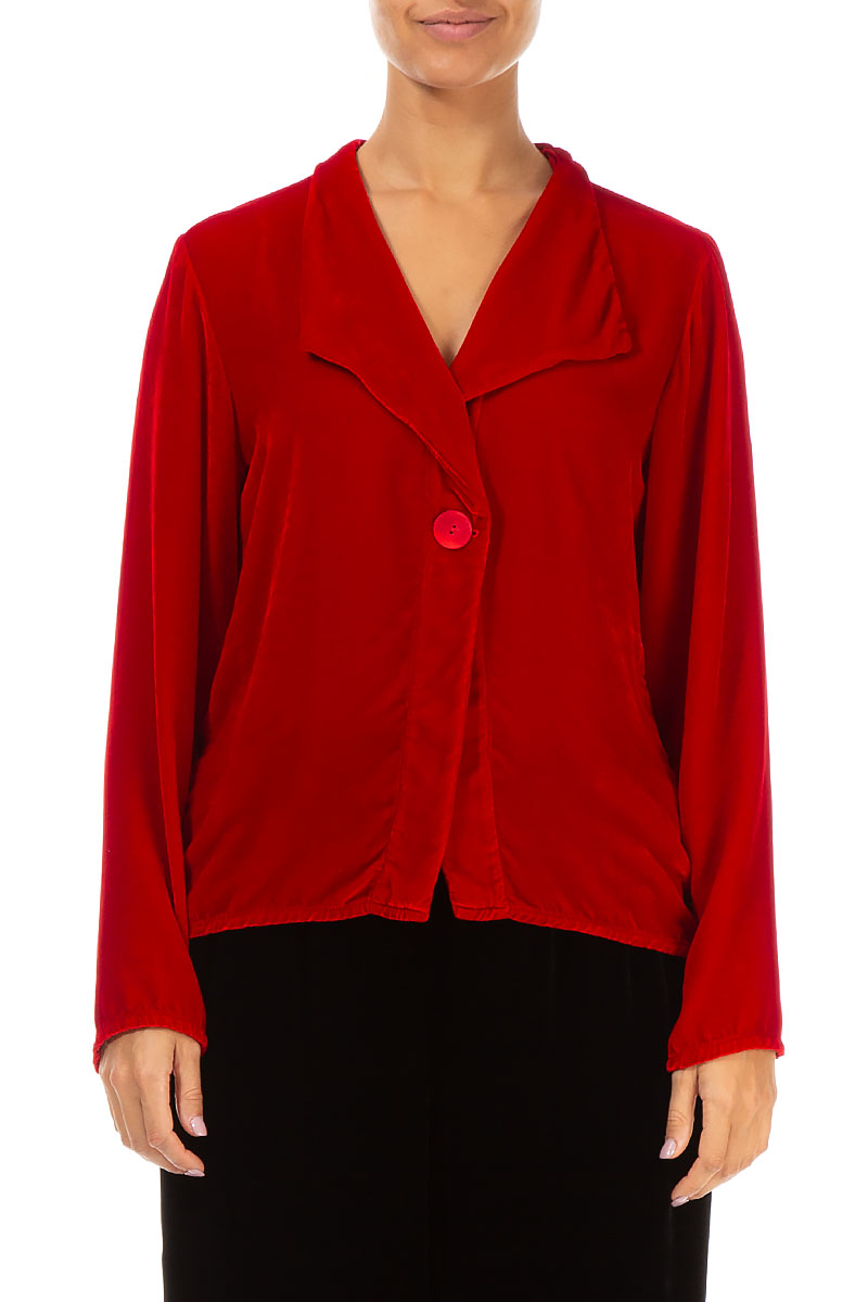 Single Button Red Silk Velvet Jacket 1