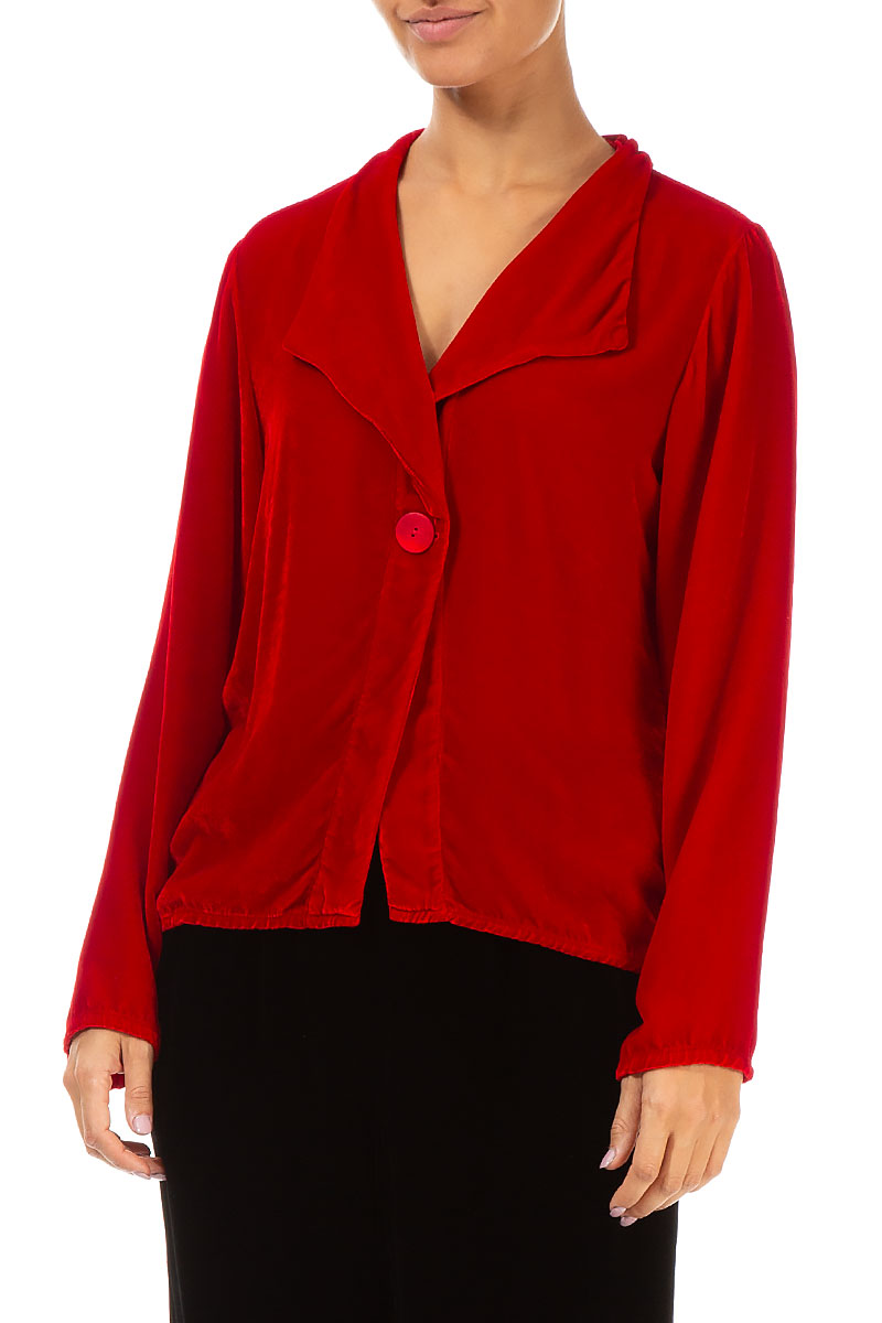 Single Button Red Silk Velvet Jacket 3