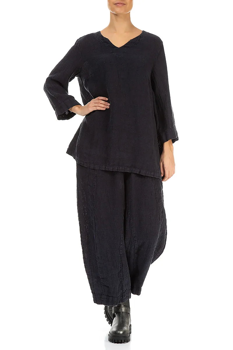 Slate Blue Sweetheart Neck Mélange Linen Blouse 4