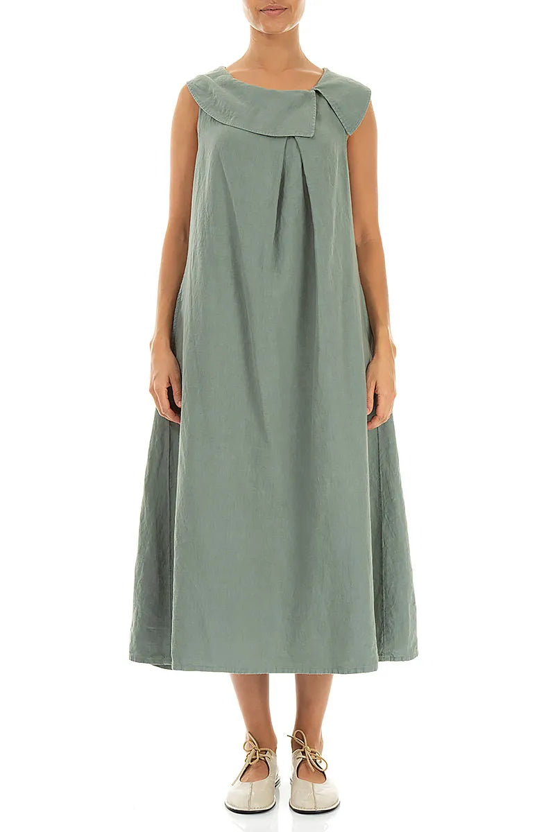 Ärmelloses A-Linien-Leinenkleid in Salbeigrün