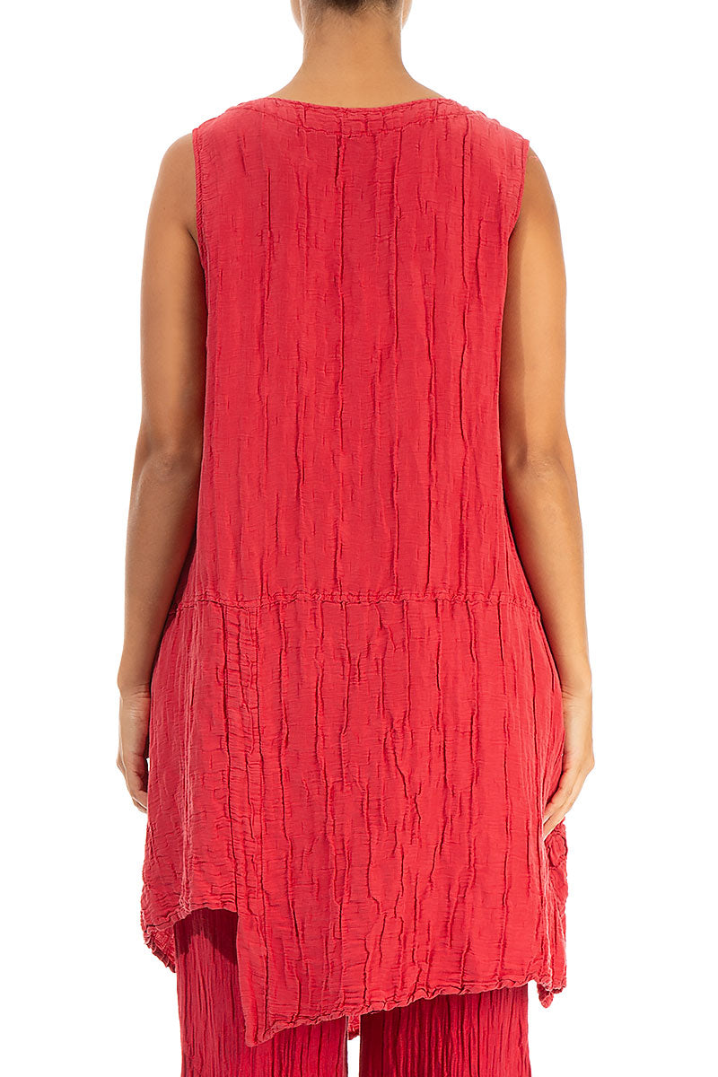 Sleeveless Asymmetric Crinkled Red Silk Linen Tunic