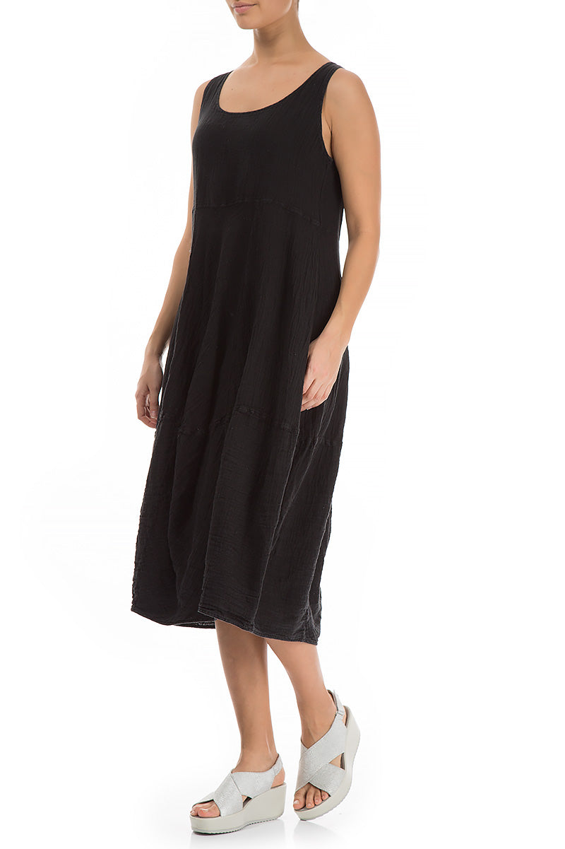 Sleeveless Balloon Black Linen Dress