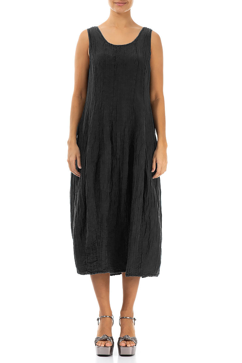 Sleeveless Balloon Crinkled Black Silk Linen Dress XL Sleeveless Balloon Crinkled Black Silk Linen Dress XL
