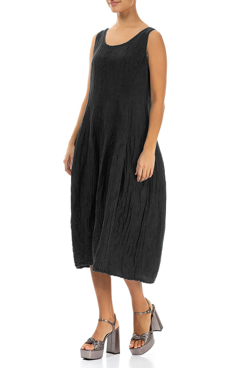 Sleeveless Balloon Crinkled Black Silk Linen Dress 3