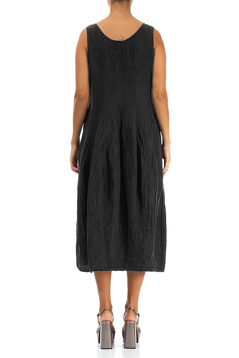 Sleeveless Balloon Crinkled Black Silk Linen Dress 2