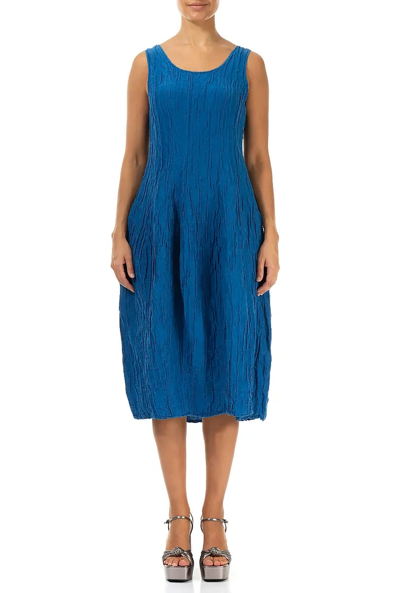 Sleeveless Balloon Crinkled Cobalt Blue Silk Linen Dress M