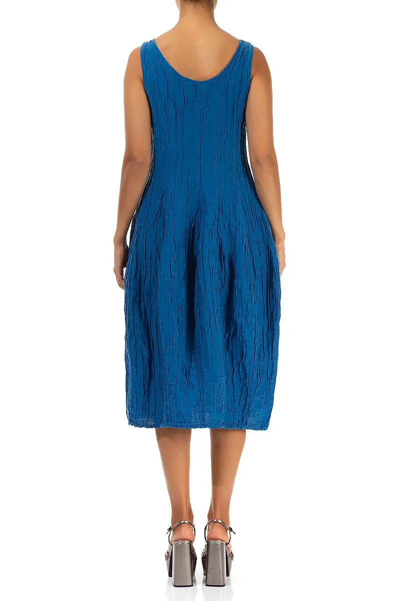 Sleeveless Balloon Crinkled Cobalt Blue Silk Linen Dress 2