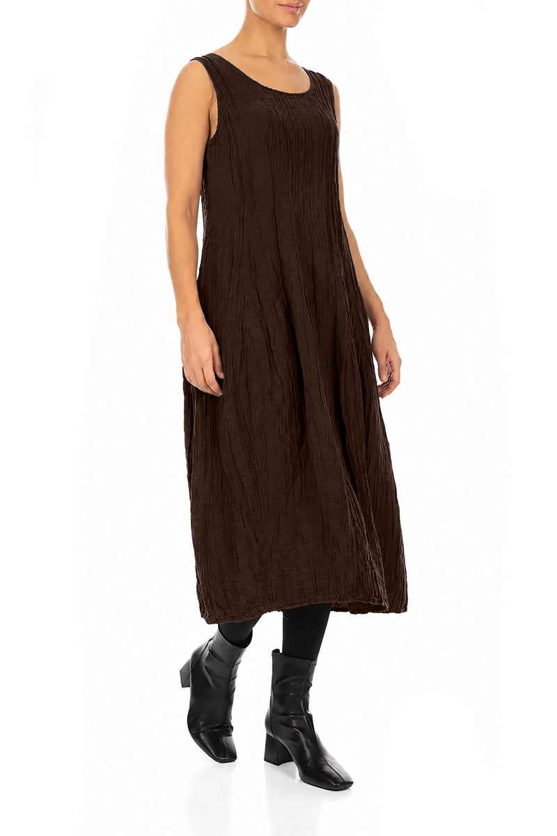 Sleeveless Balloon Crinkled Truffle Brown Silk Linen Dress 3