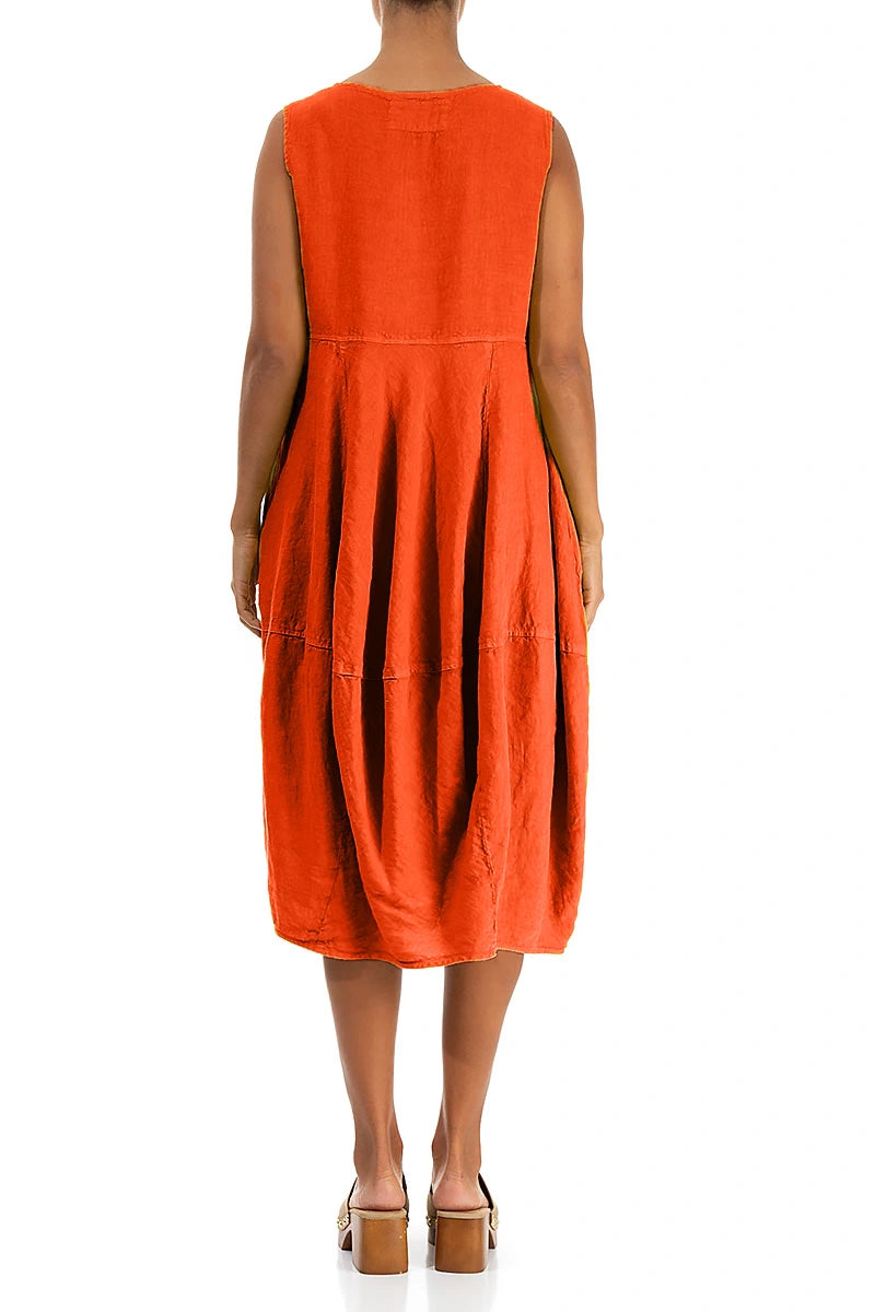 Sleeveless Balloon Flame Orange Linen Dress 2