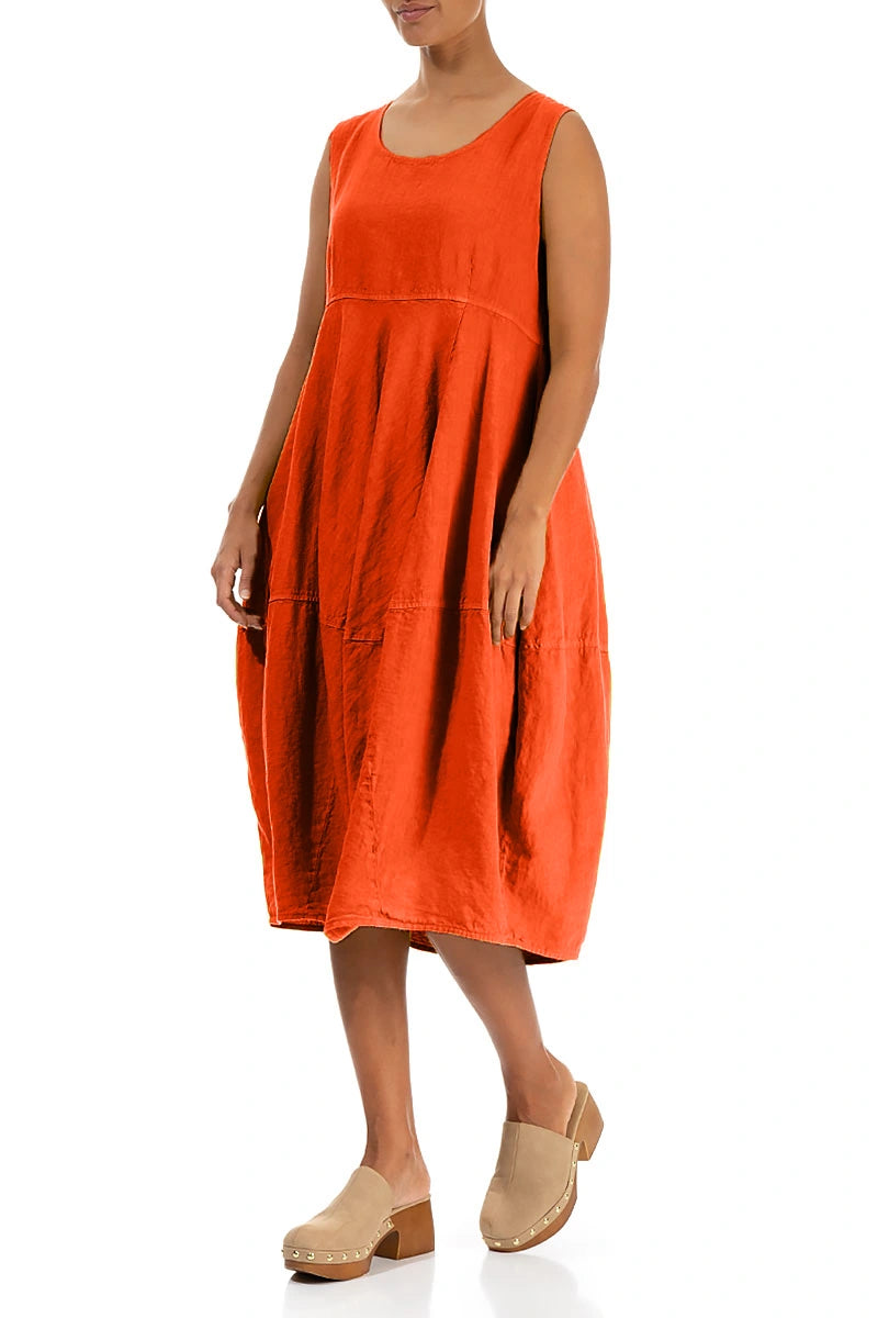 Sleeveless Balloon Flame Orange Linen Dress 3