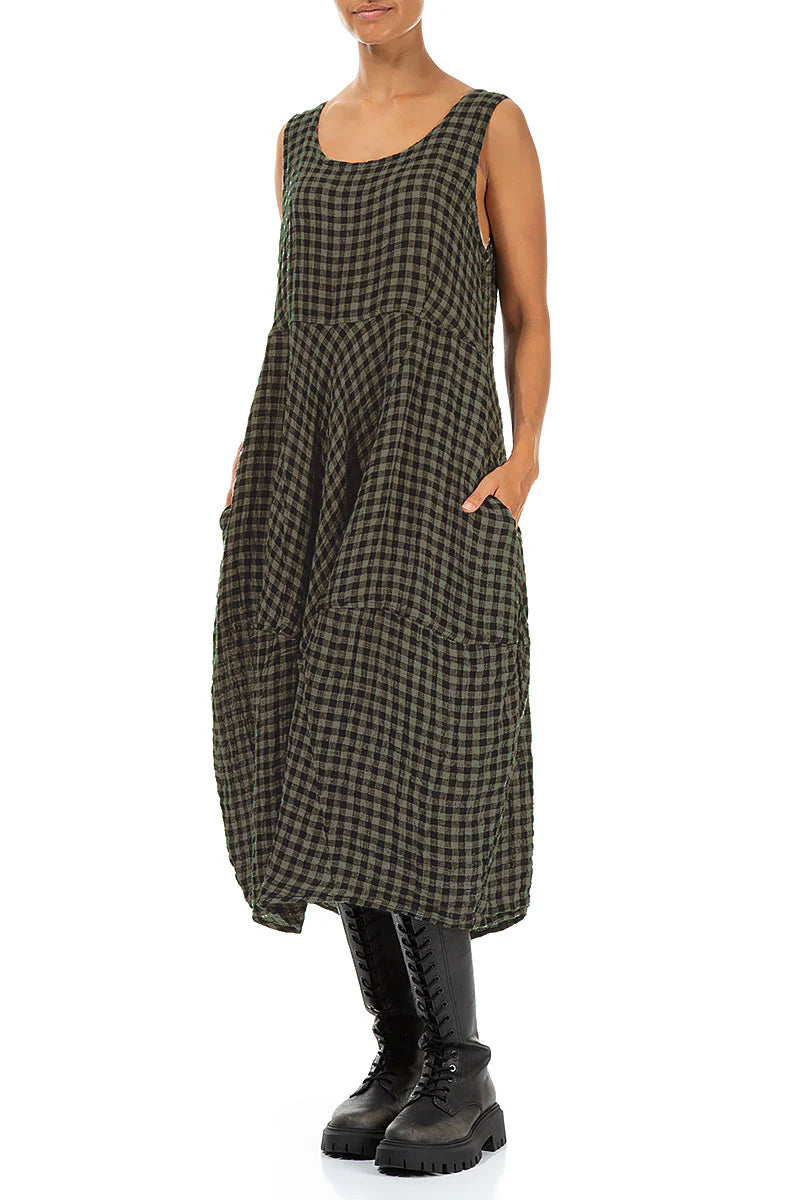 Sleeveless Balloon Forest Mist Check Linen Dress 4