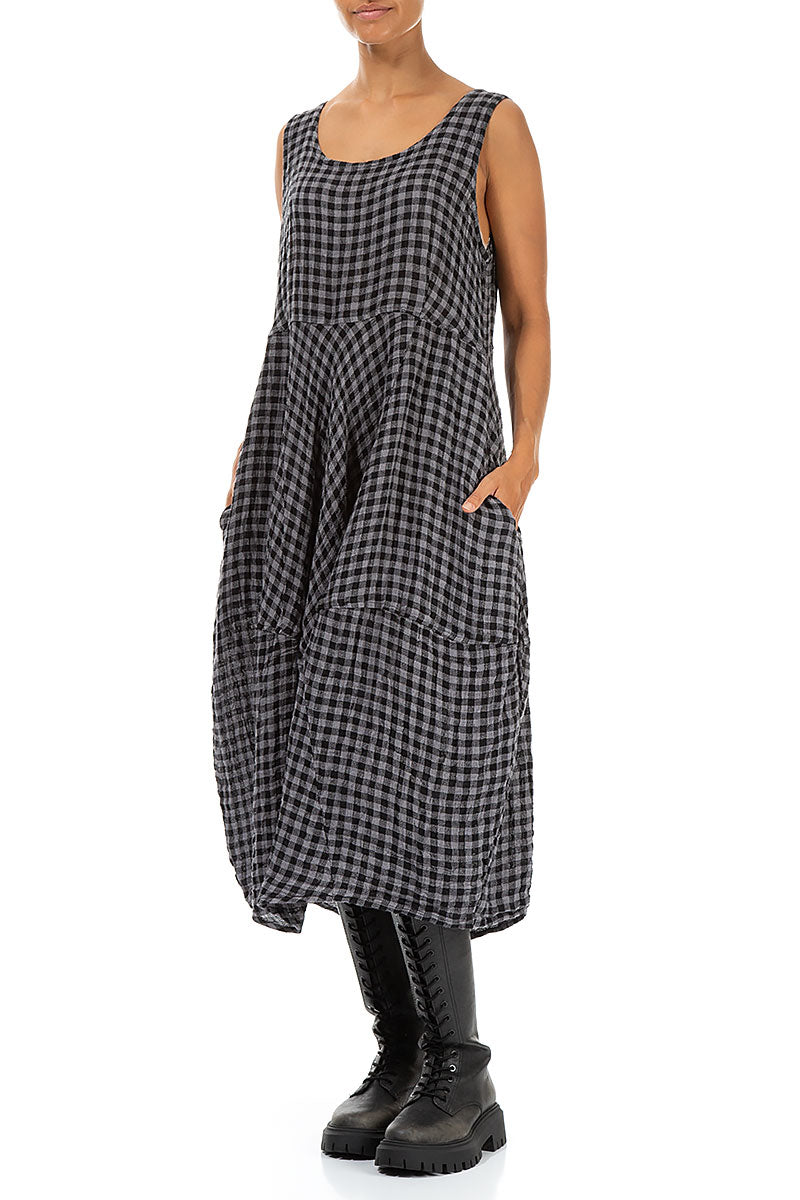Sleeveless Balloon Grey Check Linen Dress 3