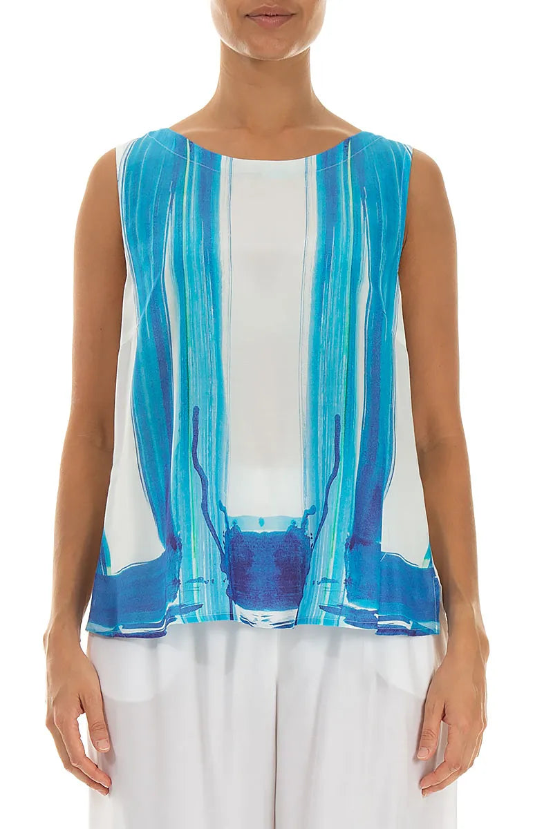 Sleeveless Blue Brushstroke Silk Bamboo Top