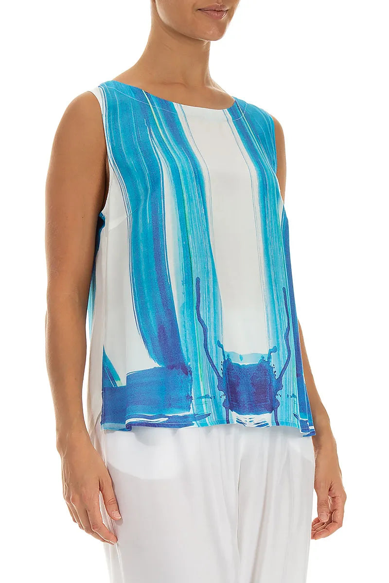 Sleeveless Blue Brushstroke Silk Bamboo Top