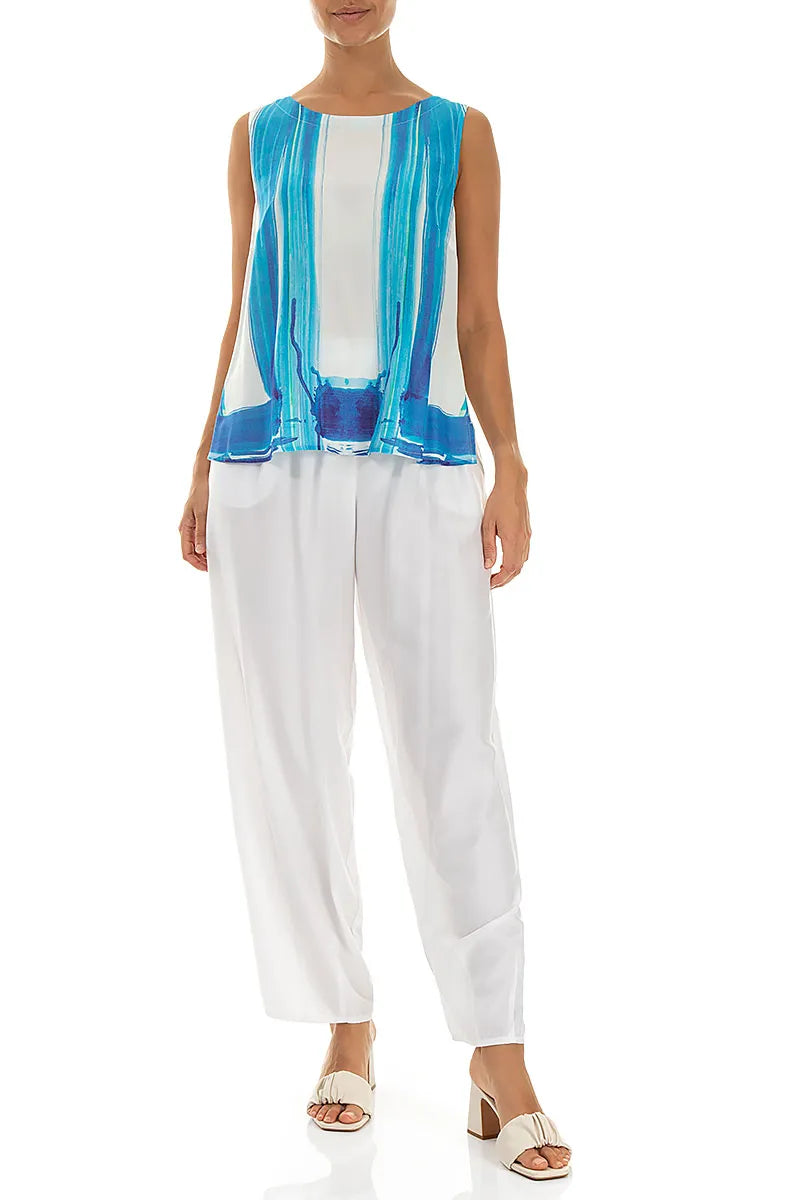 Sleeveless Blue Brushstroke Silk Bamboo Top