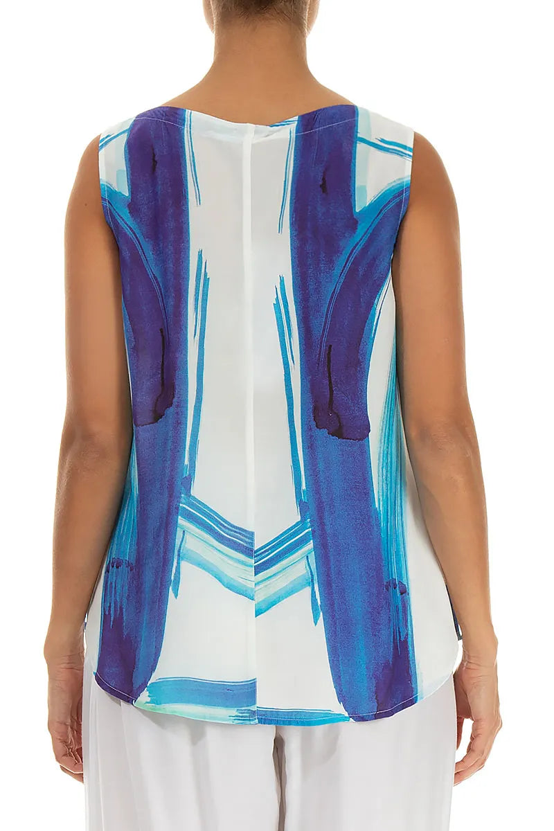 Sleeveless Blue Brushstroke Silk Bamboo Top
