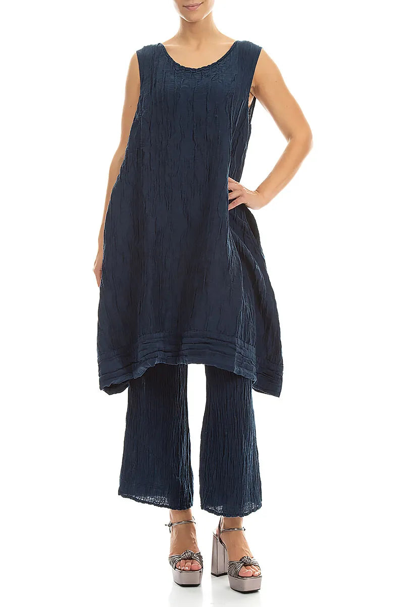 Sleeveless Crinkled Navy Silk Linen Tunic Dress 4