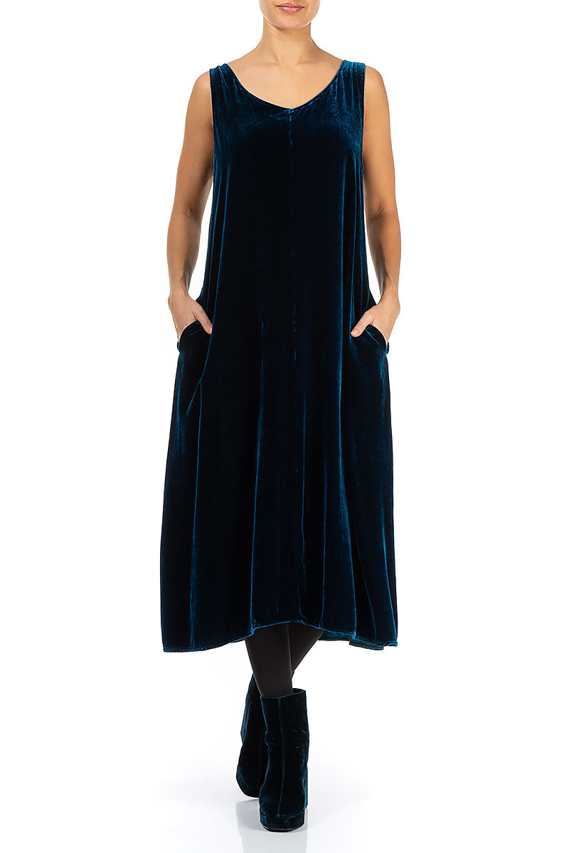 Sleeveless Dark Azure Silk Velvet Dress 4