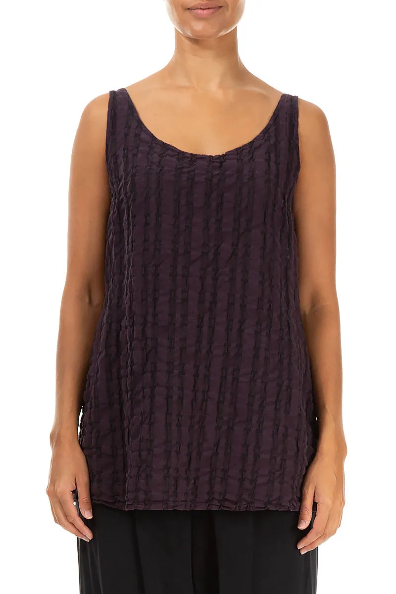 Sleeveless Dark Violet Checkered Linen Cotton Top