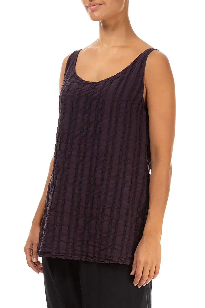 Sleeveless Dark Violet Checkered Linen Cotton Top