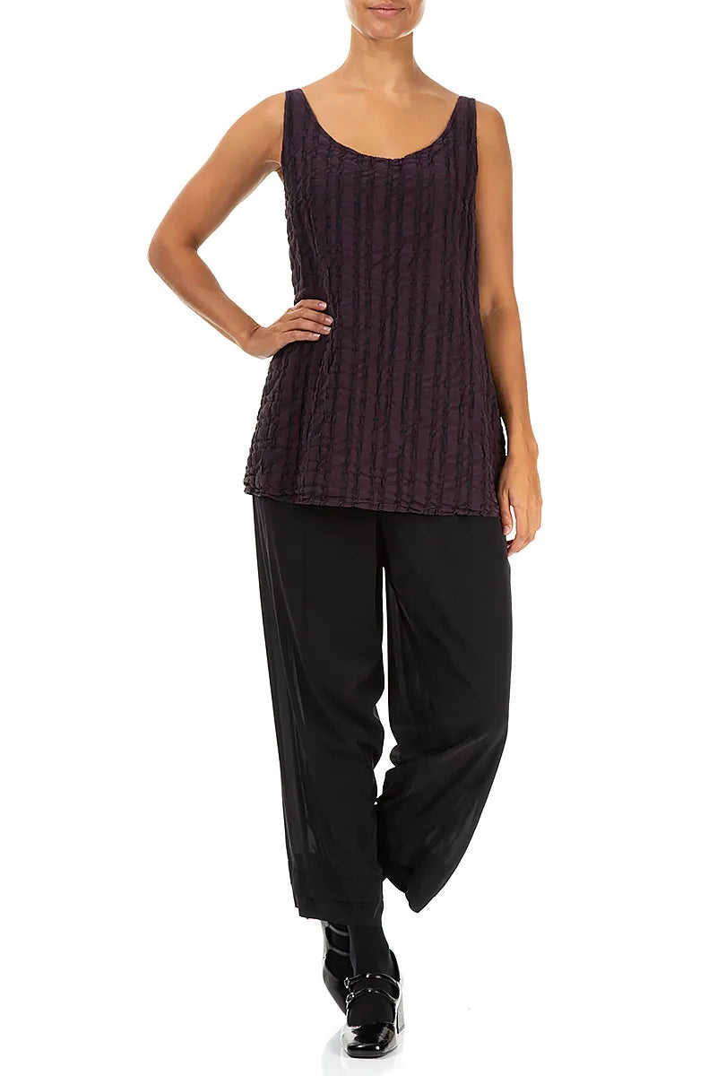 Sleeveless Dark Violet Checkered Linen Cotton Top