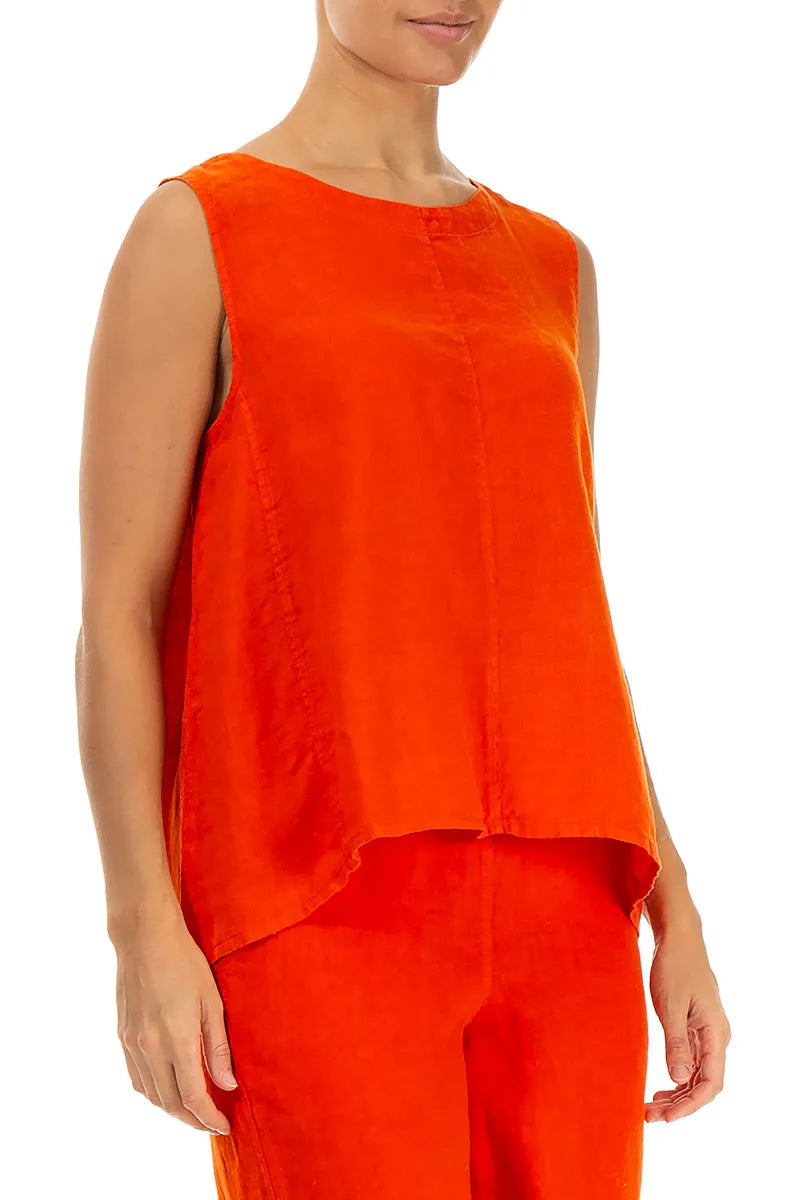 Sleeveless Flared Flame Orange Linen Top 3