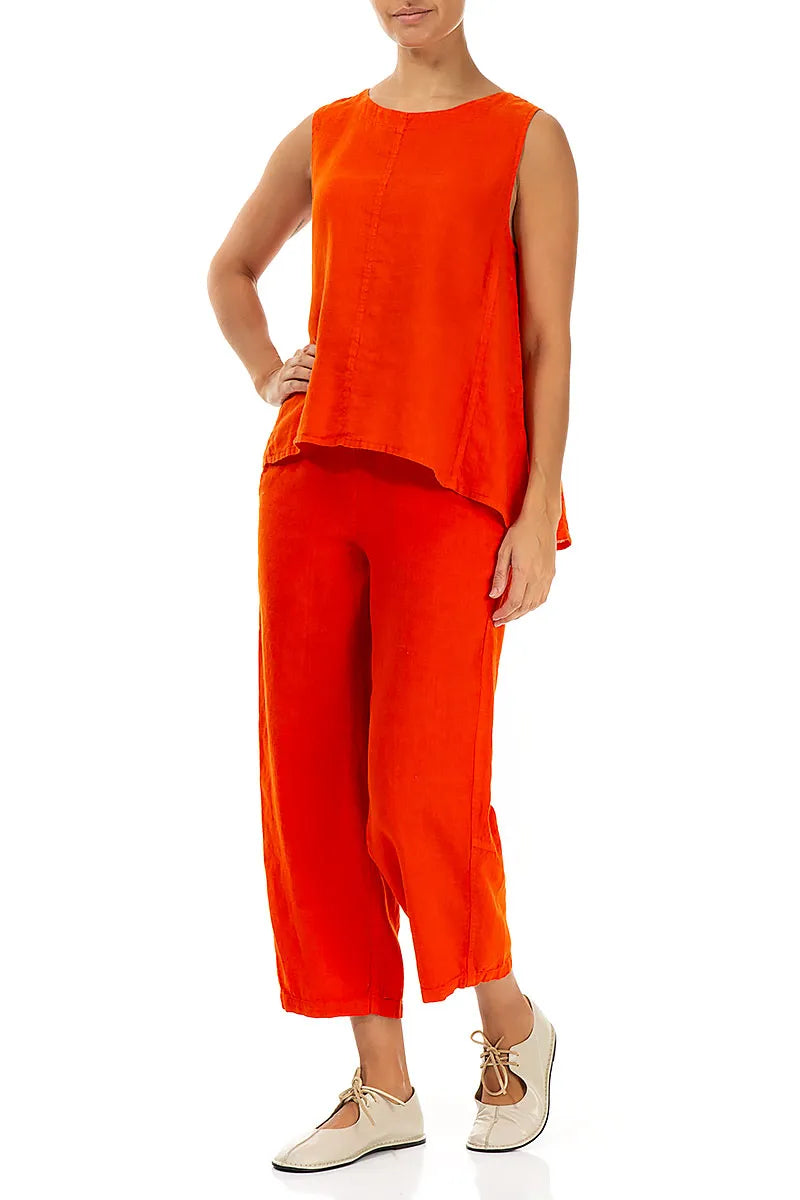 Sleeveless Flared Flame Orange Linen Top 4