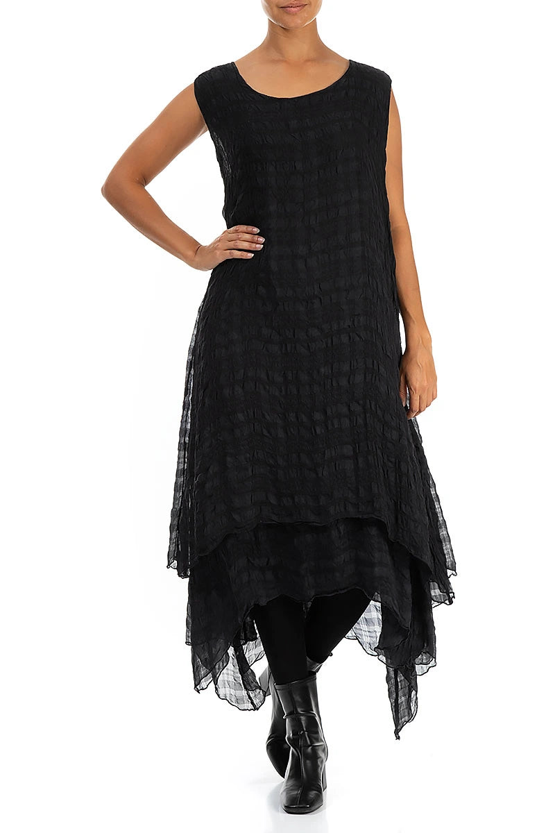 Sleeveless Flowy Black Textured Silk Dress 4