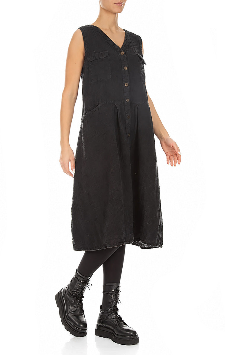 Sleeveless Four Pockets Charcoal Mélange Linen Dress 4