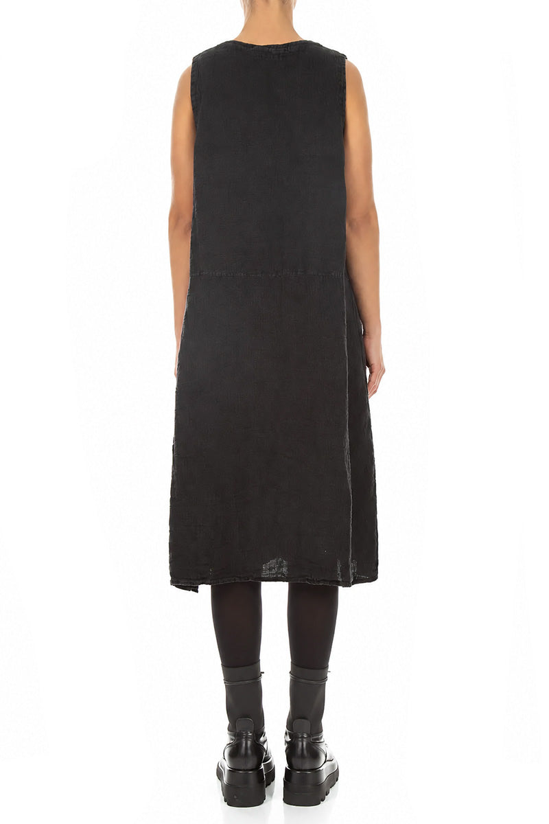 Sleeveless Four Pockets Charcoal Mélange Linen Dress 2
