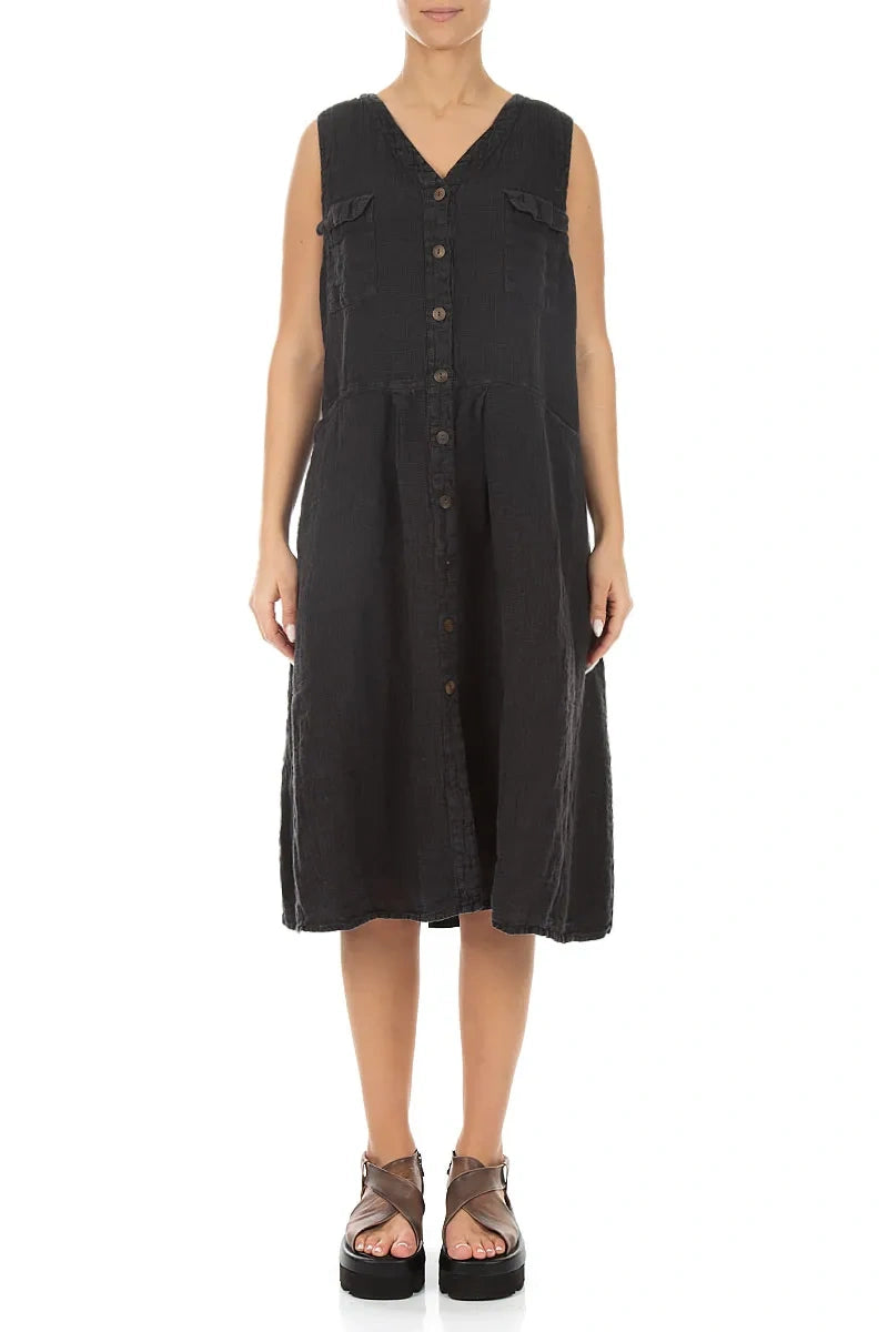 Sleeveless Four Pockets Charcoal Mélange Linen Dress 1