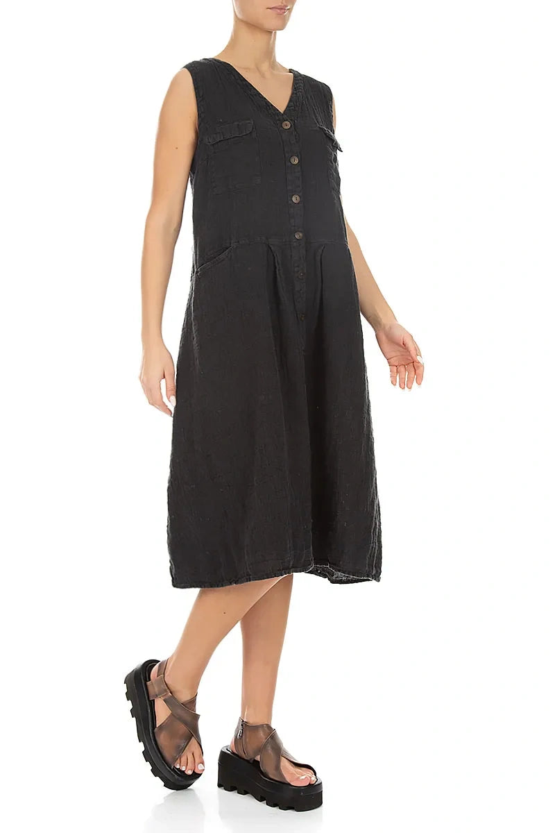 Sleeveless Four Pockets Charcoal Mélange Linen Dress 3