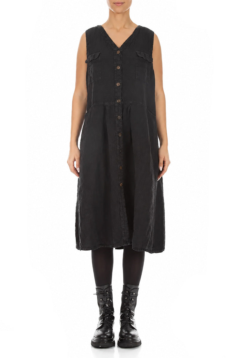 Sleeveless Four Pockets Charcoal Mélange Linen Dress 1