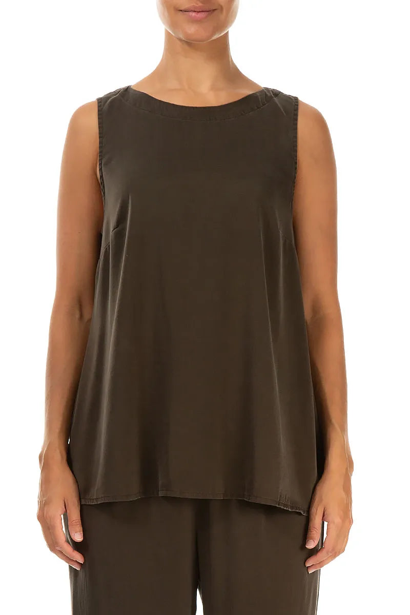 Sleeveless Longer Back Forest Brown Silk Top 1