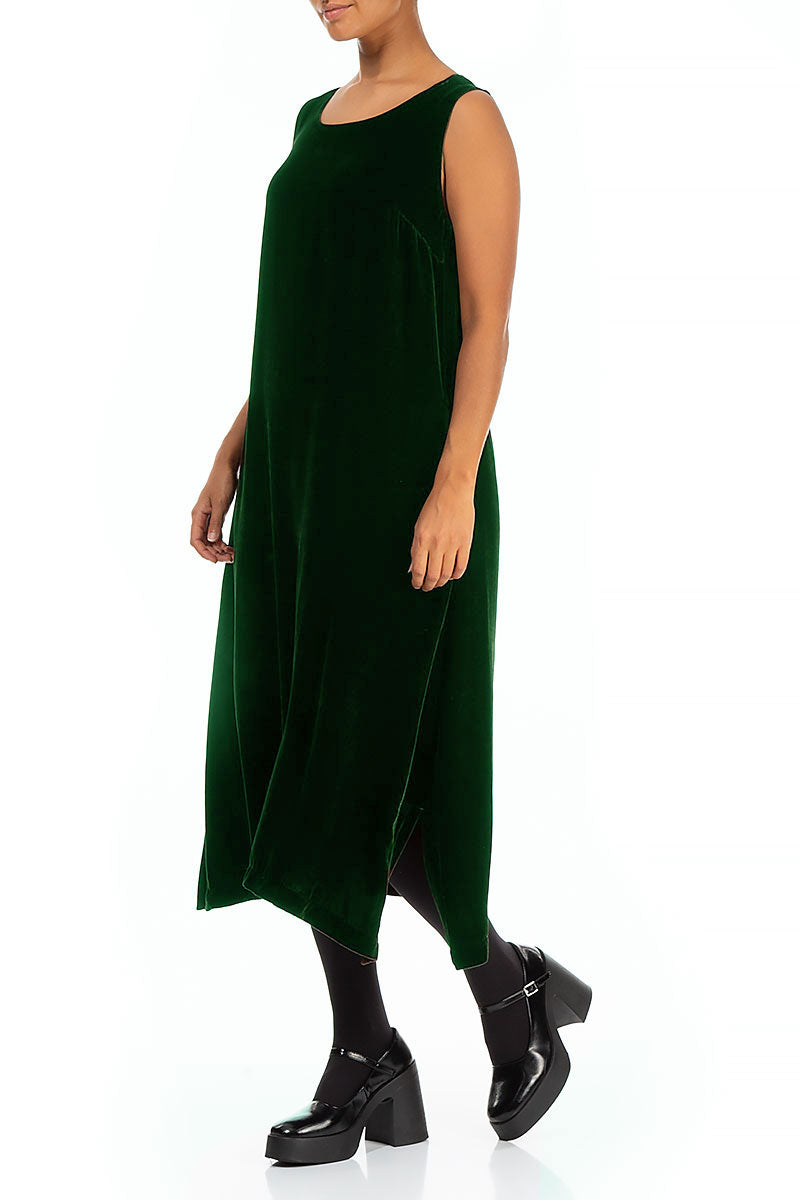 Sleeveless Pine Green Silk Velvet Shift Dress 3