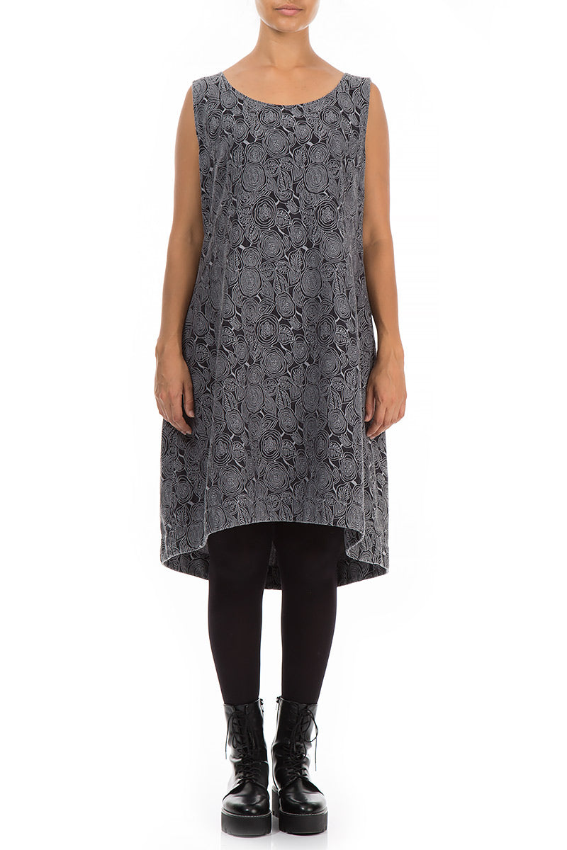 Sleeveless Rose Pattern Anthracite Silk Cotton Dress 1