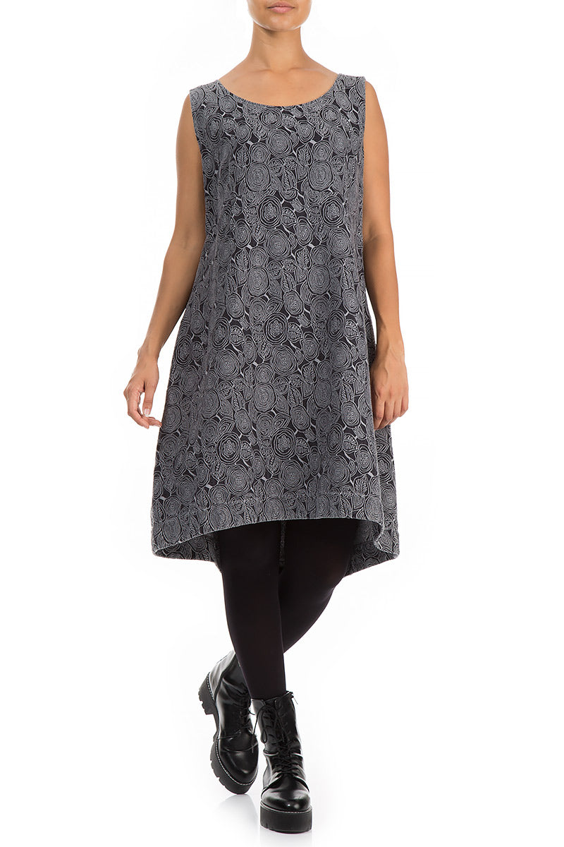 Sleeveless Rose Pattern Anthracite Silk Cotton Dress 4