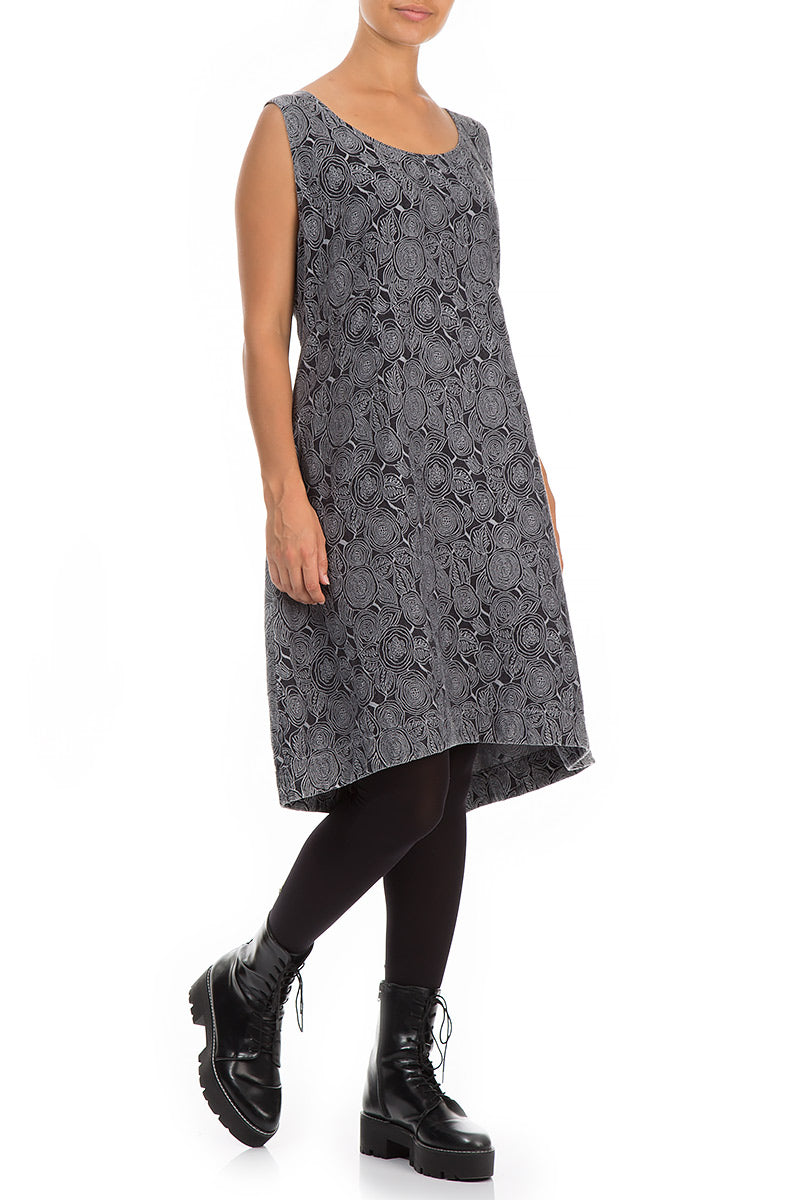 Sleeveless Rose Pattern Anthracite Silk Cotton Dress 3