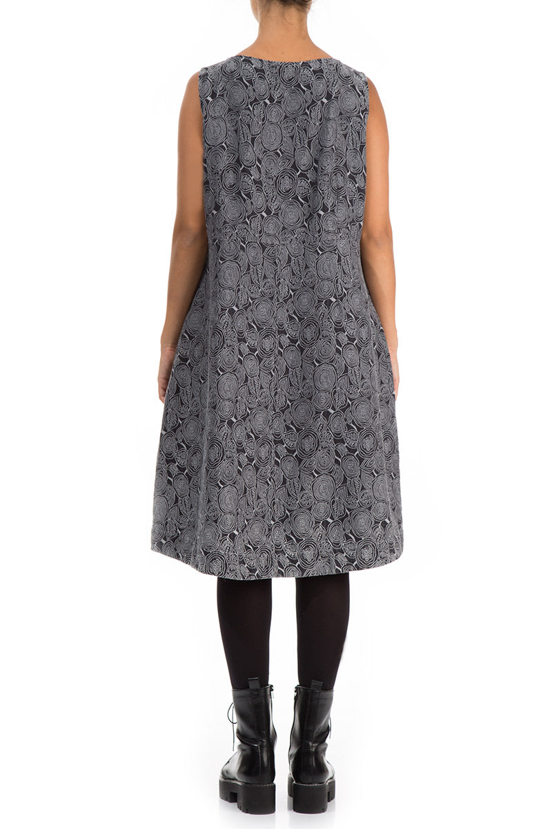 Sleeveless Rose Pattern Anthracite Silk Cotton Dress 2