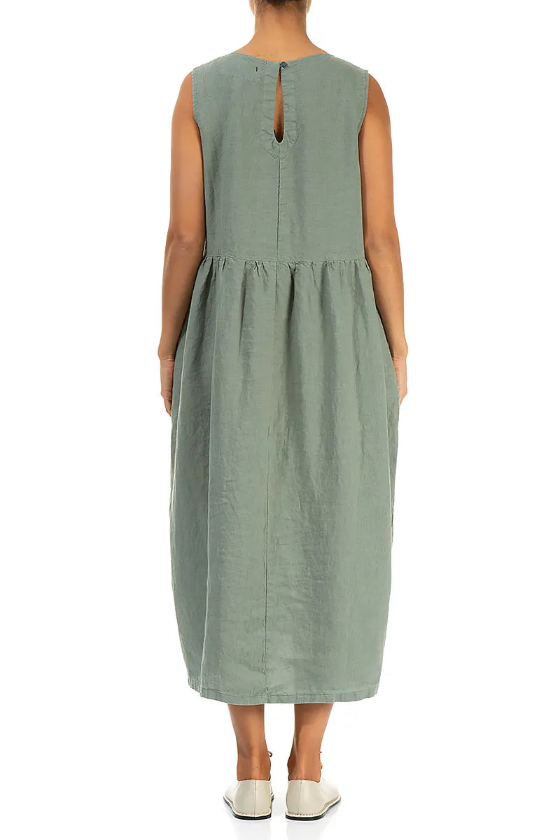 Sleeveless Sage Pintuck Linen Dress