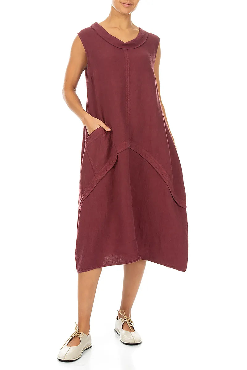 Sleeveless Sculpted Antique Ruby Linen Dress 4