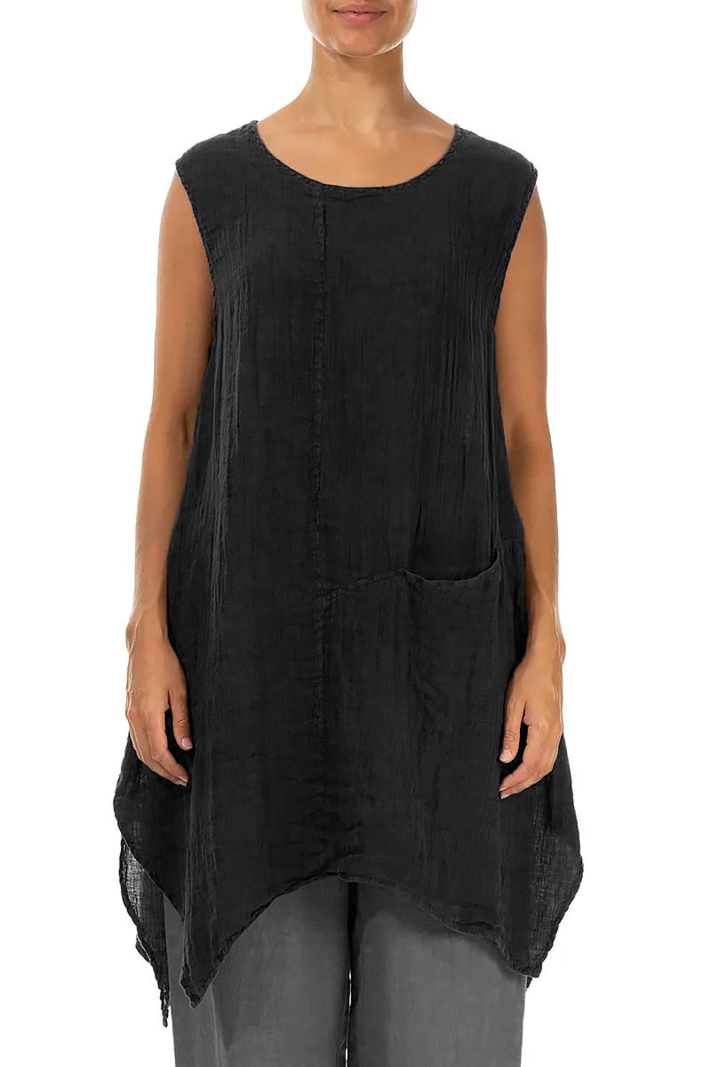 Sleeveless Single Pocket Black Gauze Linen Tunic 1
