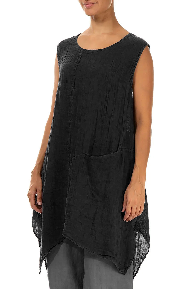 Sleeveless Single Pocket Black Gauze Linen Tunic 3