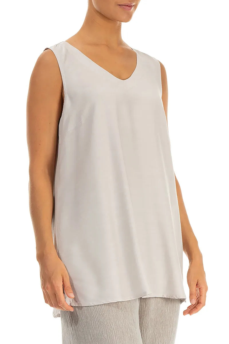 Sleeveless V-Neck Beige Silk Bamboo Blouse 3