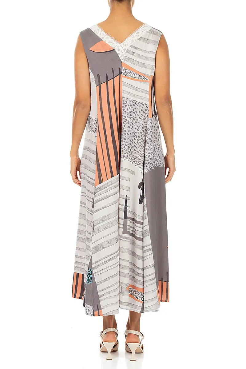 Sleeveless V-Neck Modern Print Silk Dress 2