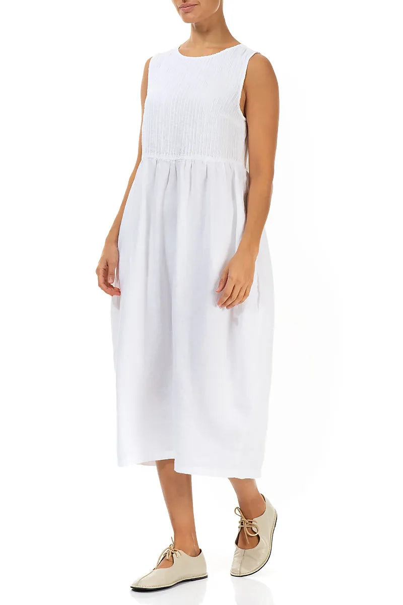Sleeveless White Pintuck Linen Dress
