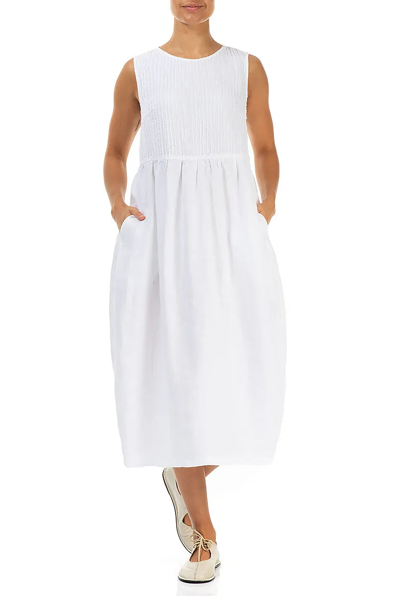 Sleeveless White Pintuck Linen Dress