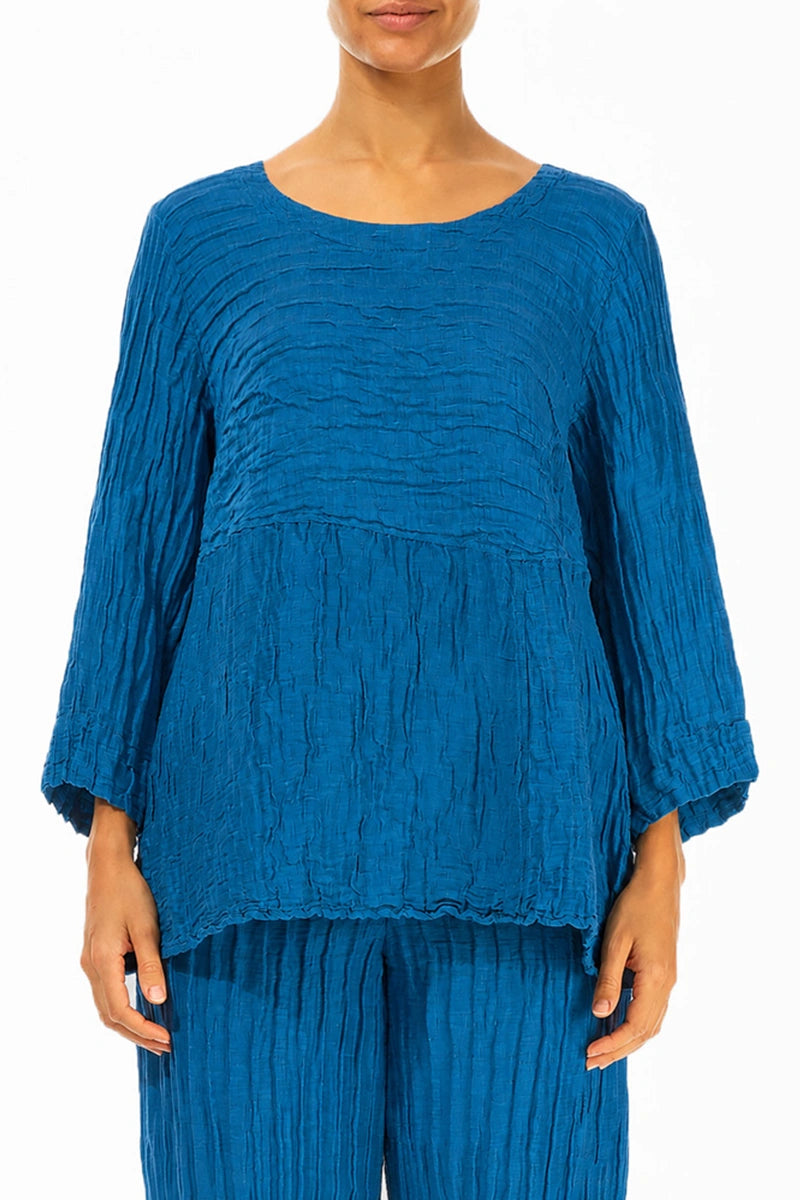 Blouse souple en lin de soie froissé bleu cobalt