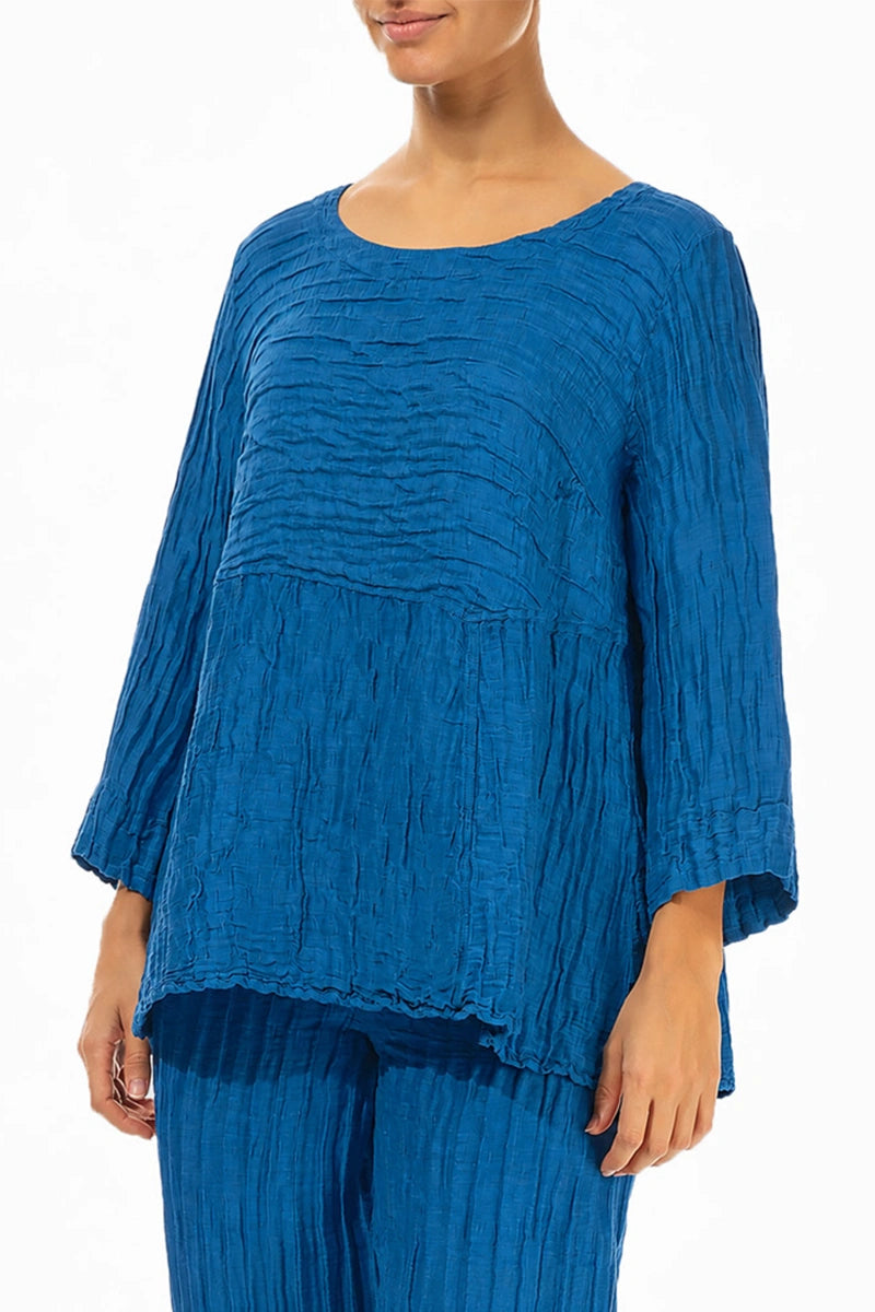 Blouse souple en lin de soie froissé bleu cobalt